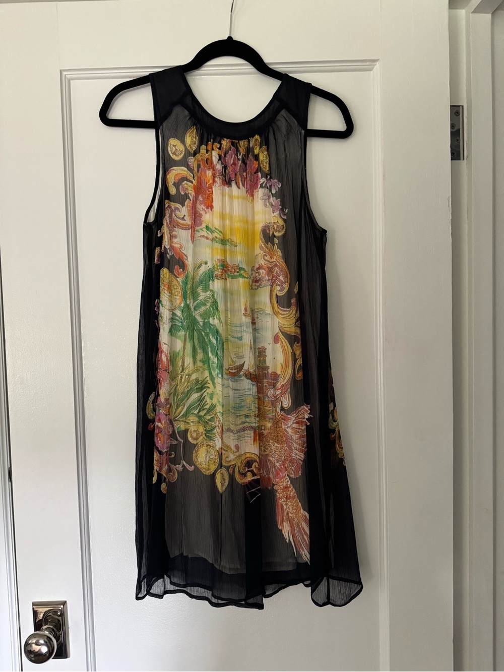 Black Sheer Tropical Print Sleeveless Dress